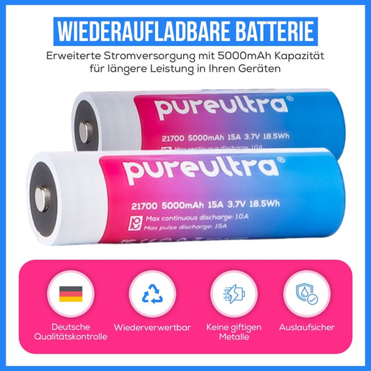 21700 5000-6000mAh li-Ion Akku, 12-15A, 3,7V, geschützt - PureUltra