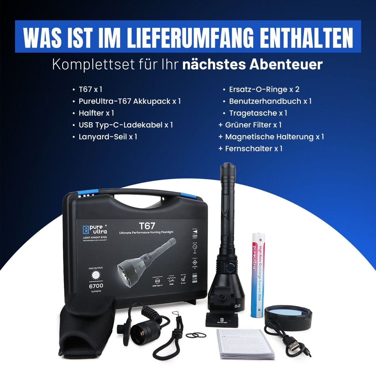 T67 LED Taschenlampe – Ultrahell, 6.700 Lumen, IP68, USB-C, 1.400 m Reichweite - PureUltra