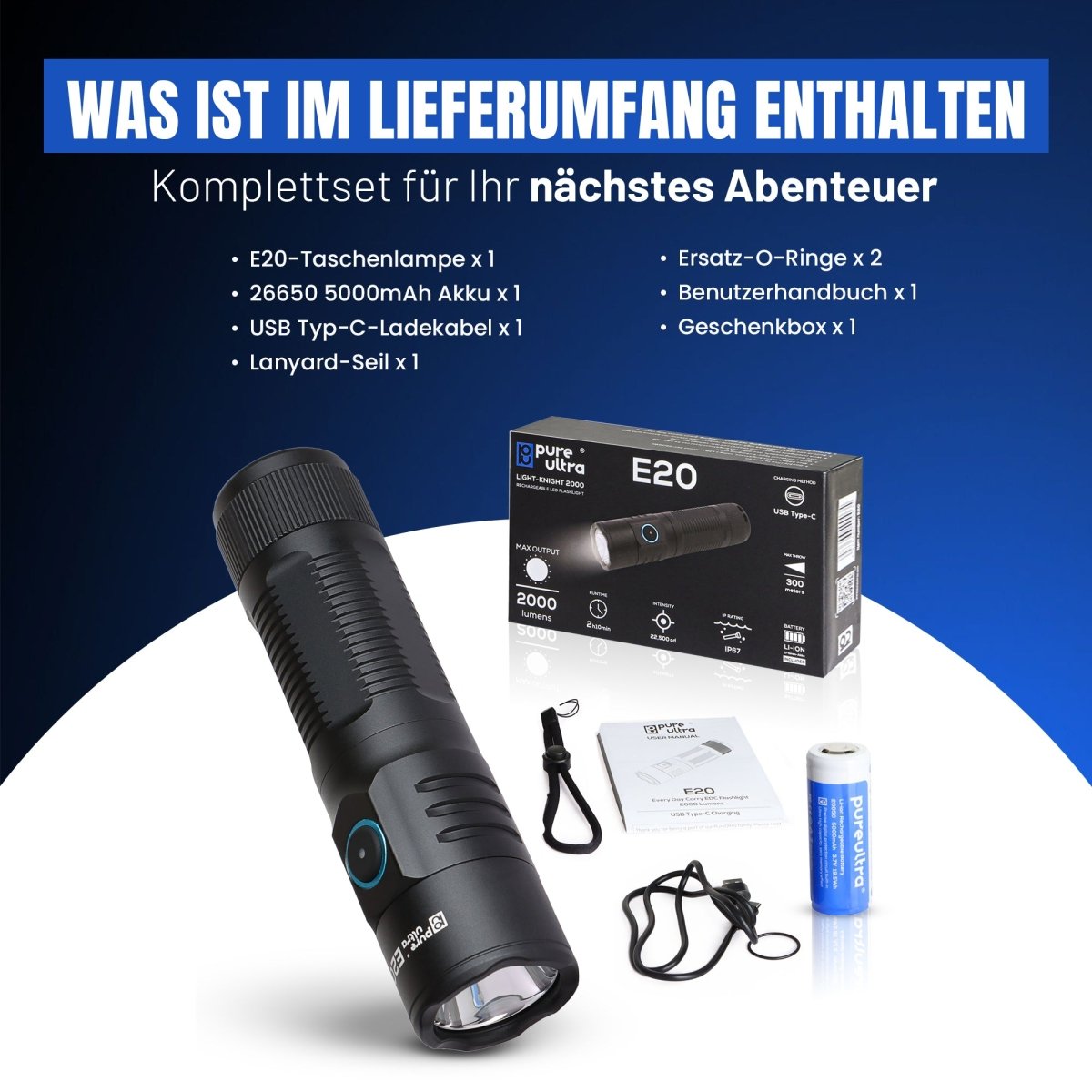E20 LED Taschenlampe – 2.000 Lumen, 300m Reichweite, USB-C - PureUltra