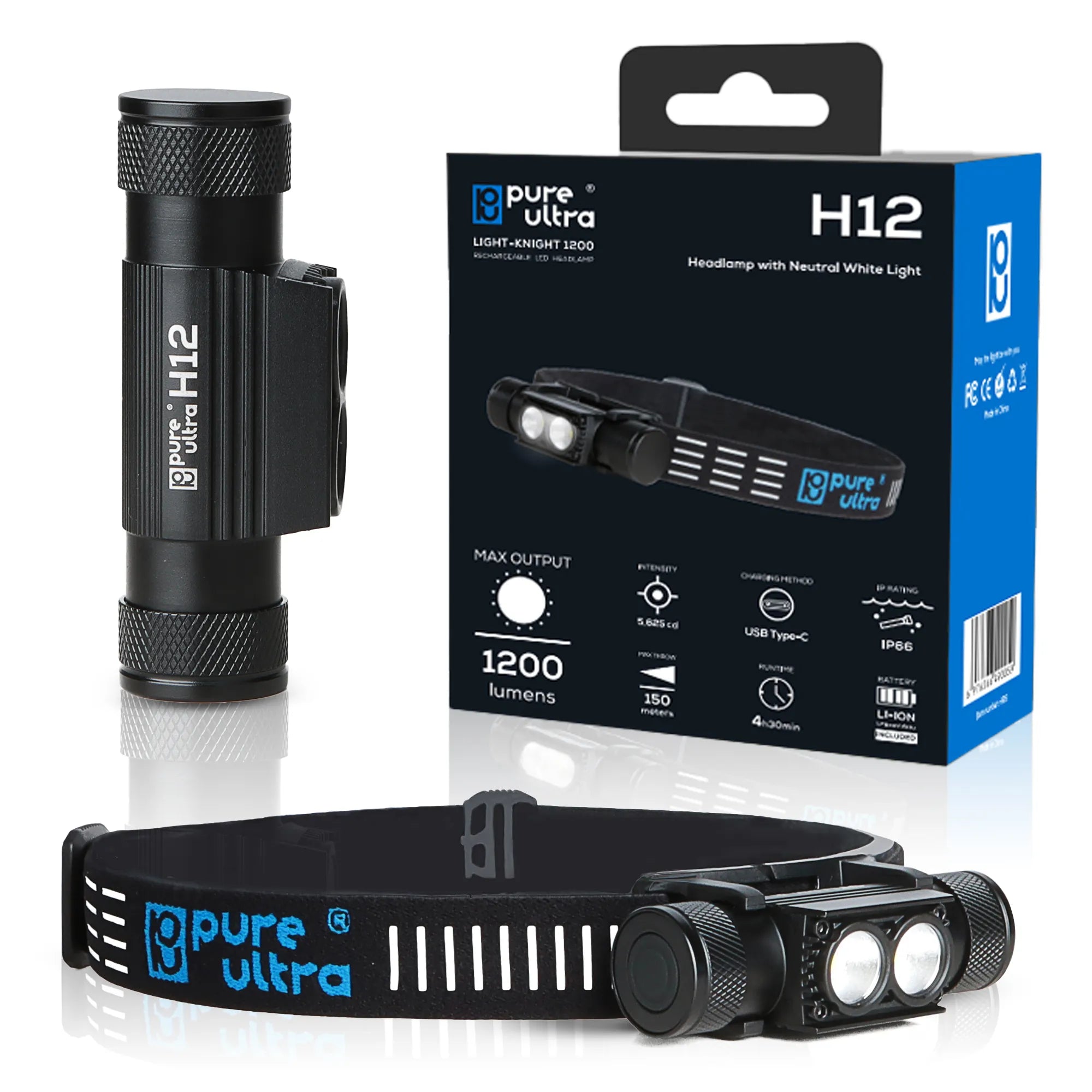 H12 Stirnlampe Wiederaufladbar 1200 Lumen, 150m Reichweite, USB-C - PureUltra