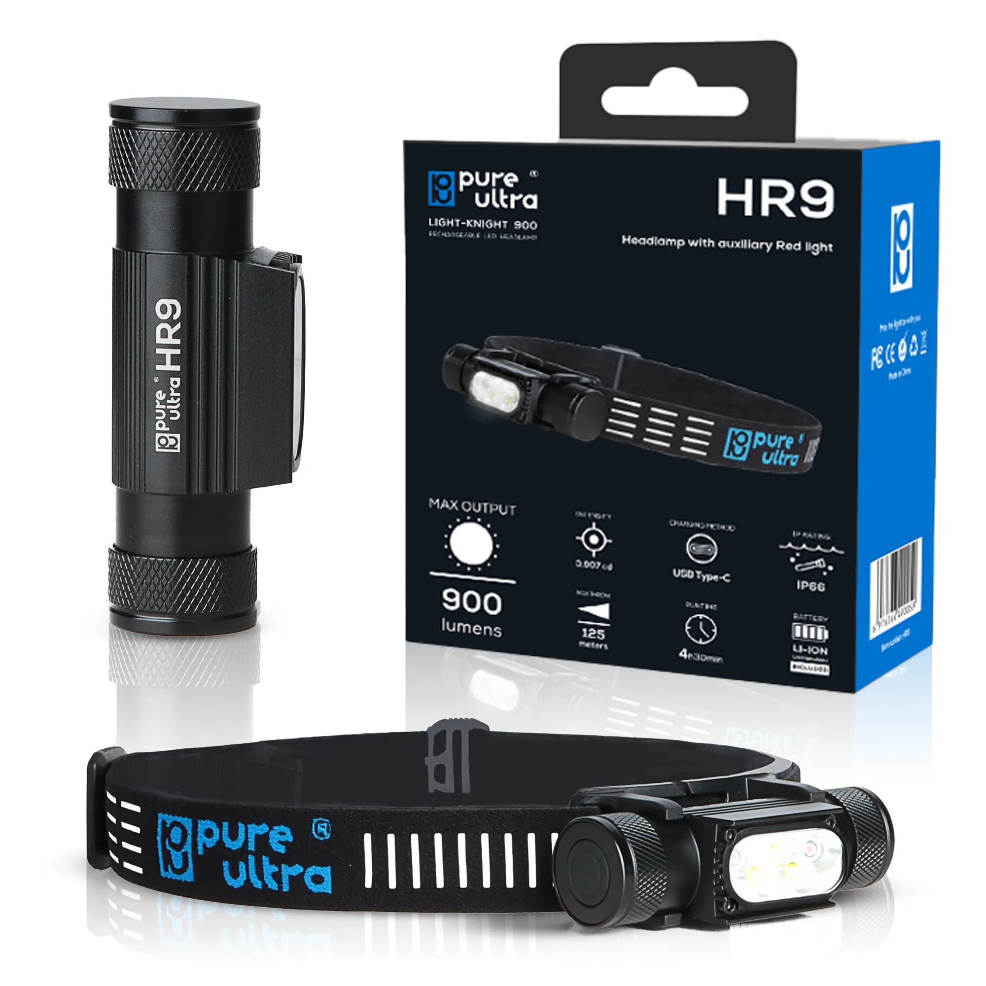HR9 LED Stirnlampe – 900 Lumen, Rotlicht, IP66, USB-C, 300h Laufzeit - PureUltra
