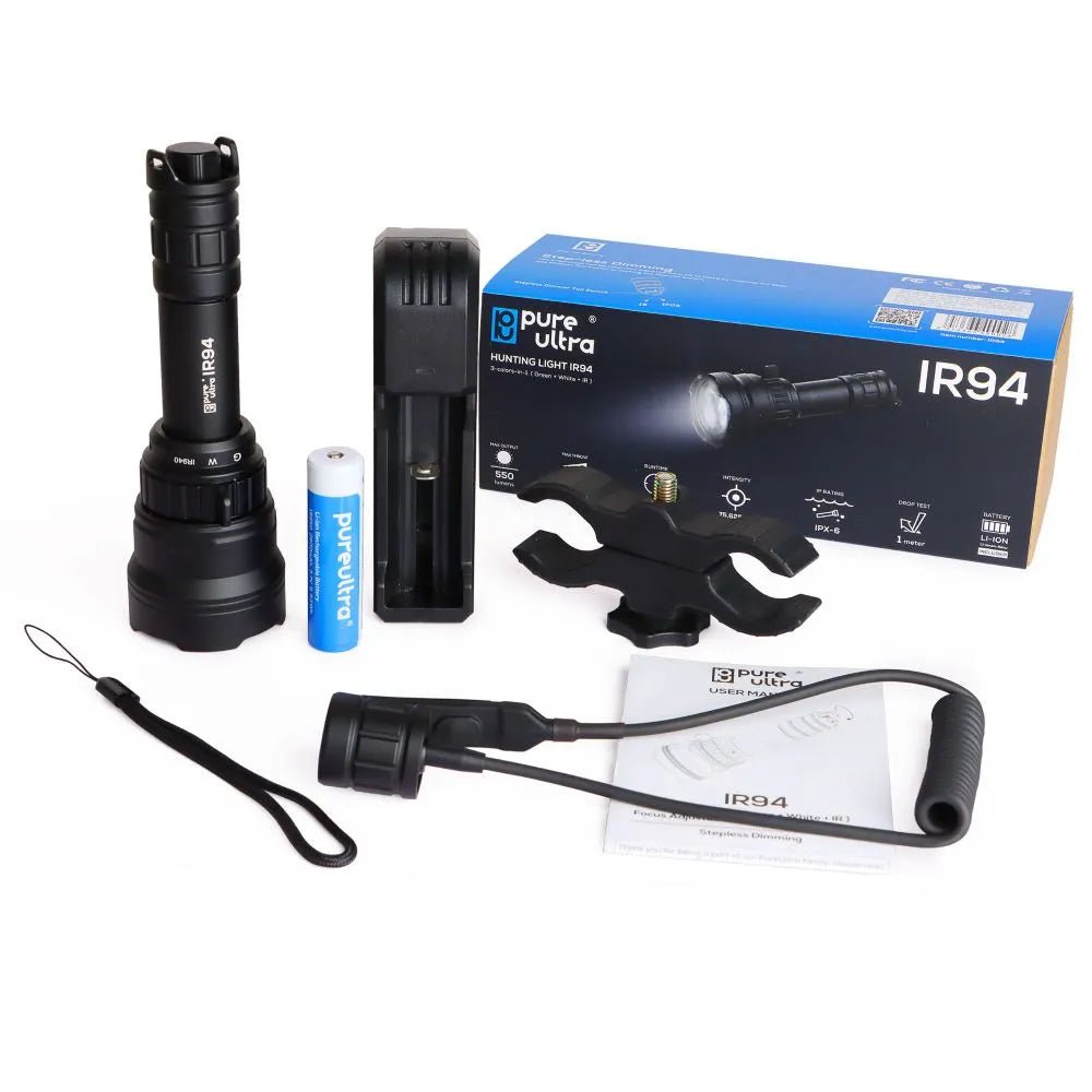IR94 LED-Taschenlampe – 3-in-1 Licht (Weiß, Grün, IR940nm) mit Zoom & Dimmer - PureUltra