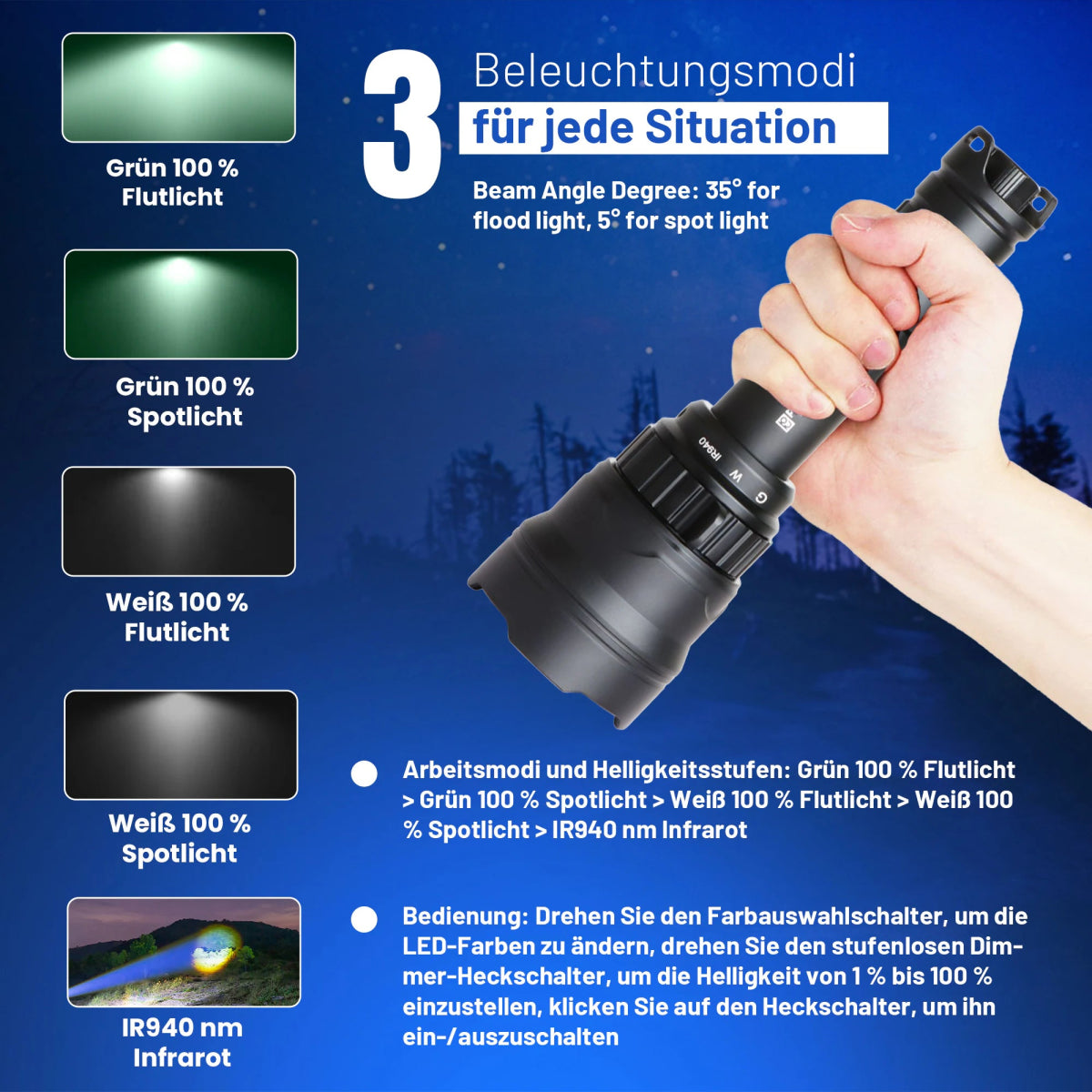 IR94 LED - Taschenlampe – 3 - in - 1 Licht (Weiß, Grün, IR940nm) mit Zoom & Dimmer - PureUltra