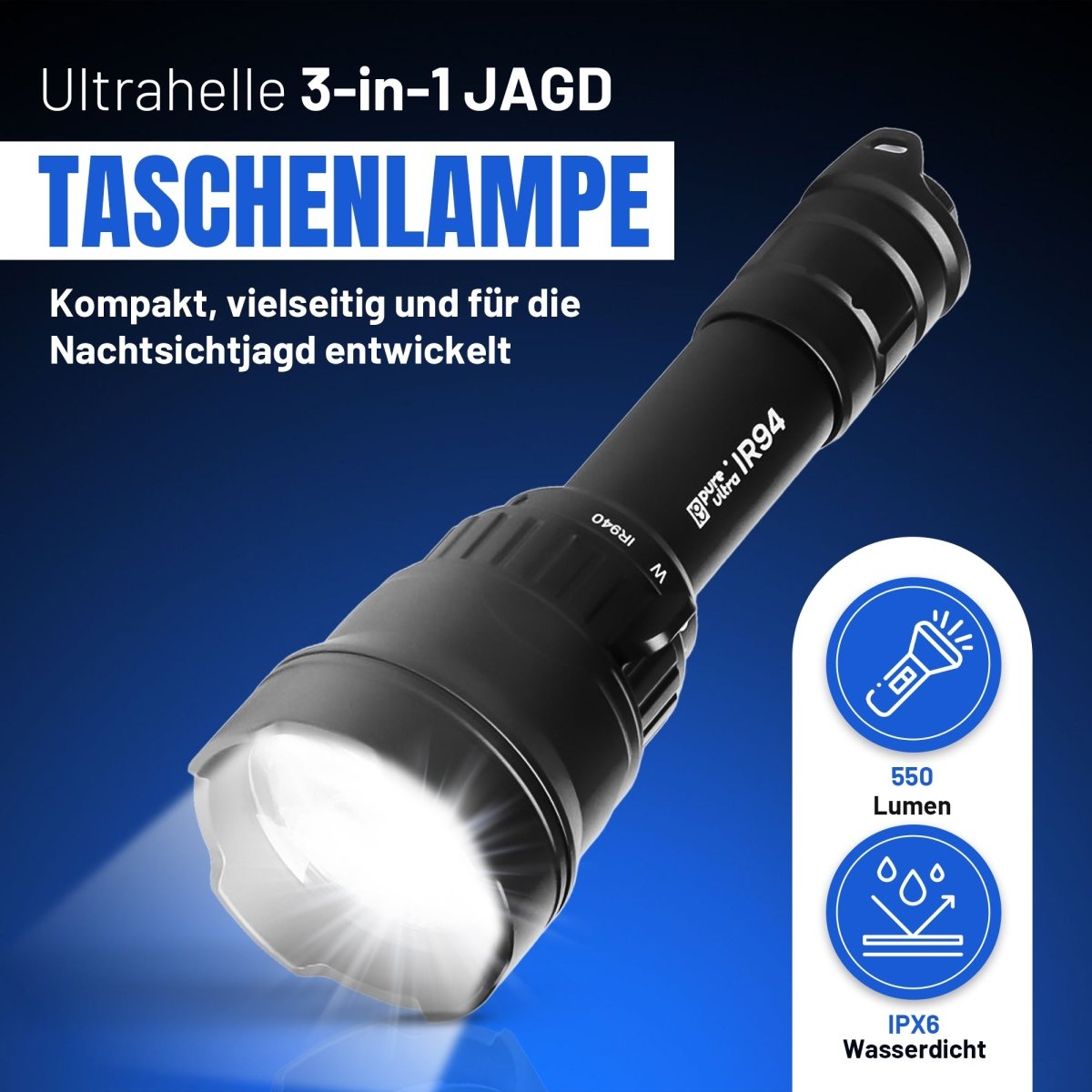 IR94 LED - Taschenlampe – 3 - in - 1 Licht (Weiß, Grün, IR940nm) mit Zoom & Dimmer - PureUltra