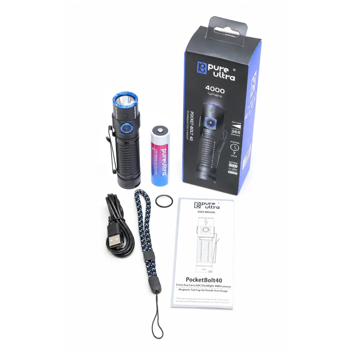PocketBolt40 EDC LED Taschenlampe – 4.000 Lumen, 365m Reichweite, USB-C - PureUltra