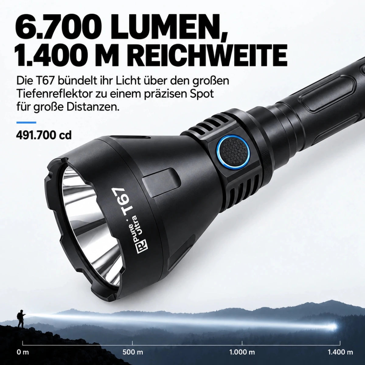 PureUltra T67 Profi-Taschenlampe | 6.700lm • 1.400m Reichweite • IP68 - PureUltra