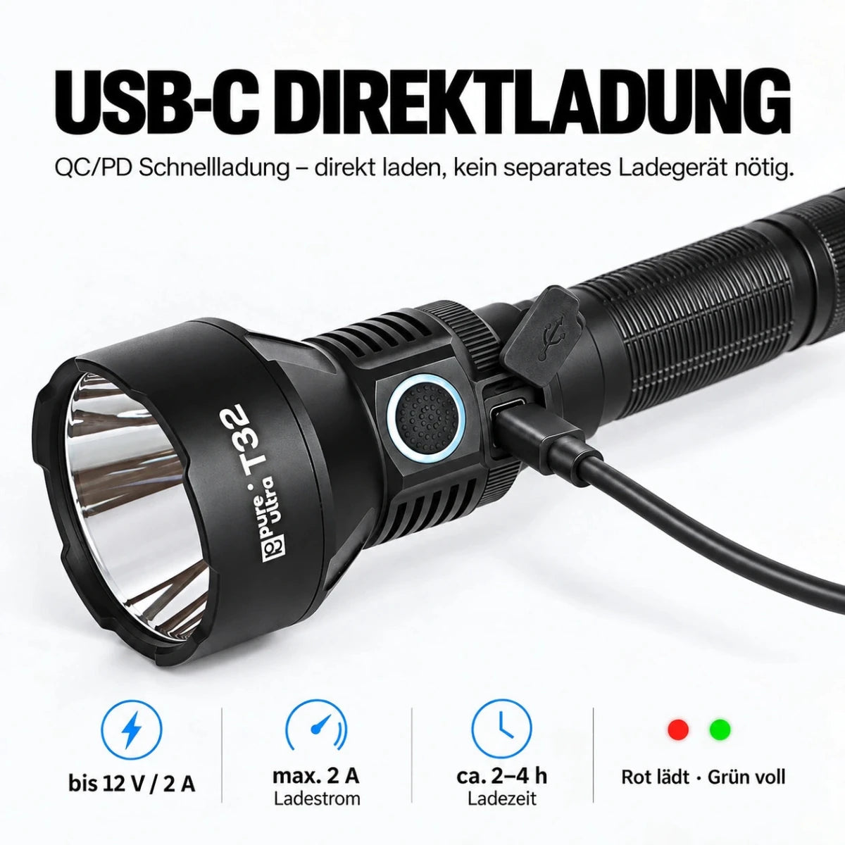 T32 Taschenlampe – 3.200 Lumen, 1.150 m Reichweite, USB-C - PureUltra