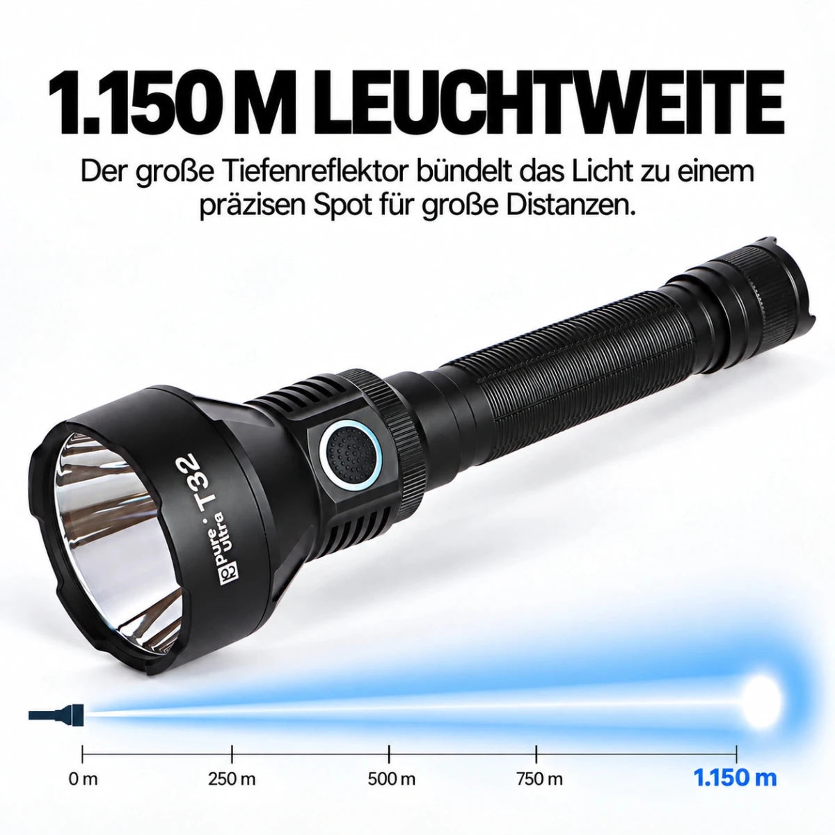 T32 Taschenlampe – 3.200 Lumen, 1.150 m Reichweite, USB-C - PureUltra