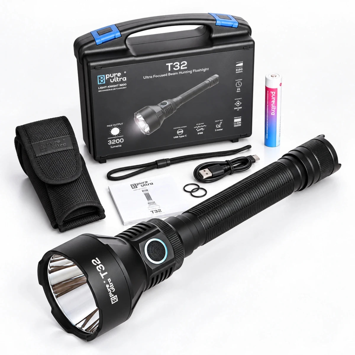 T32 Taschenlampe – 3.200 Lumen, 1.150 m Reichweite, USB-C - PureUltra