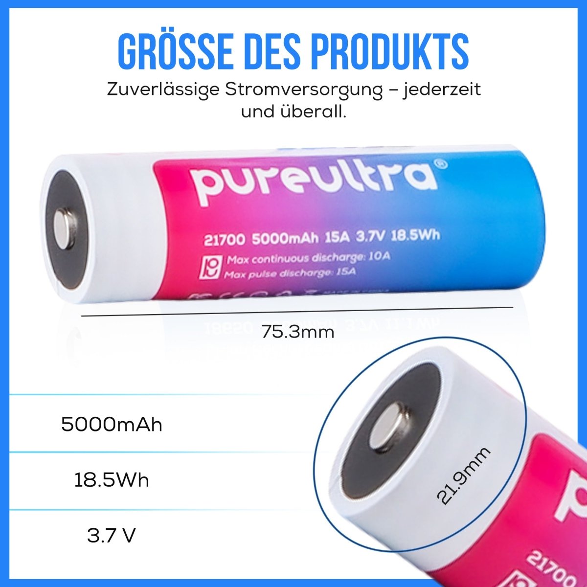 21700 5000-6000mAh li-Ion Akku, 12-15A, 3,7V, geschützt - PureUltra