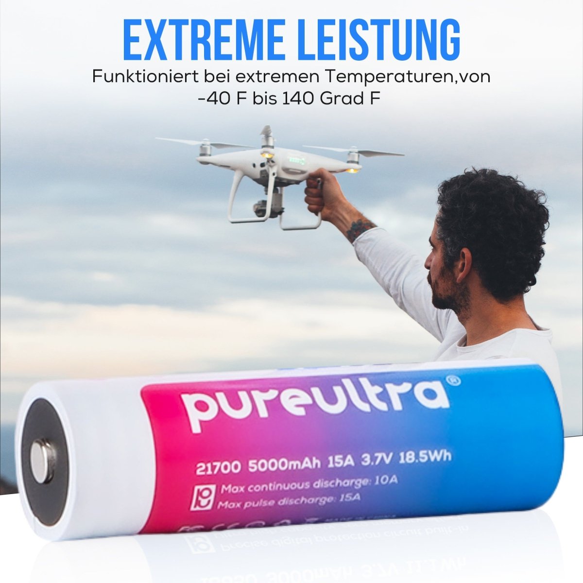 21700 5000-6000mAh li-Ion Akku, 12-15A, 3,7V, geschützt - PureUltra