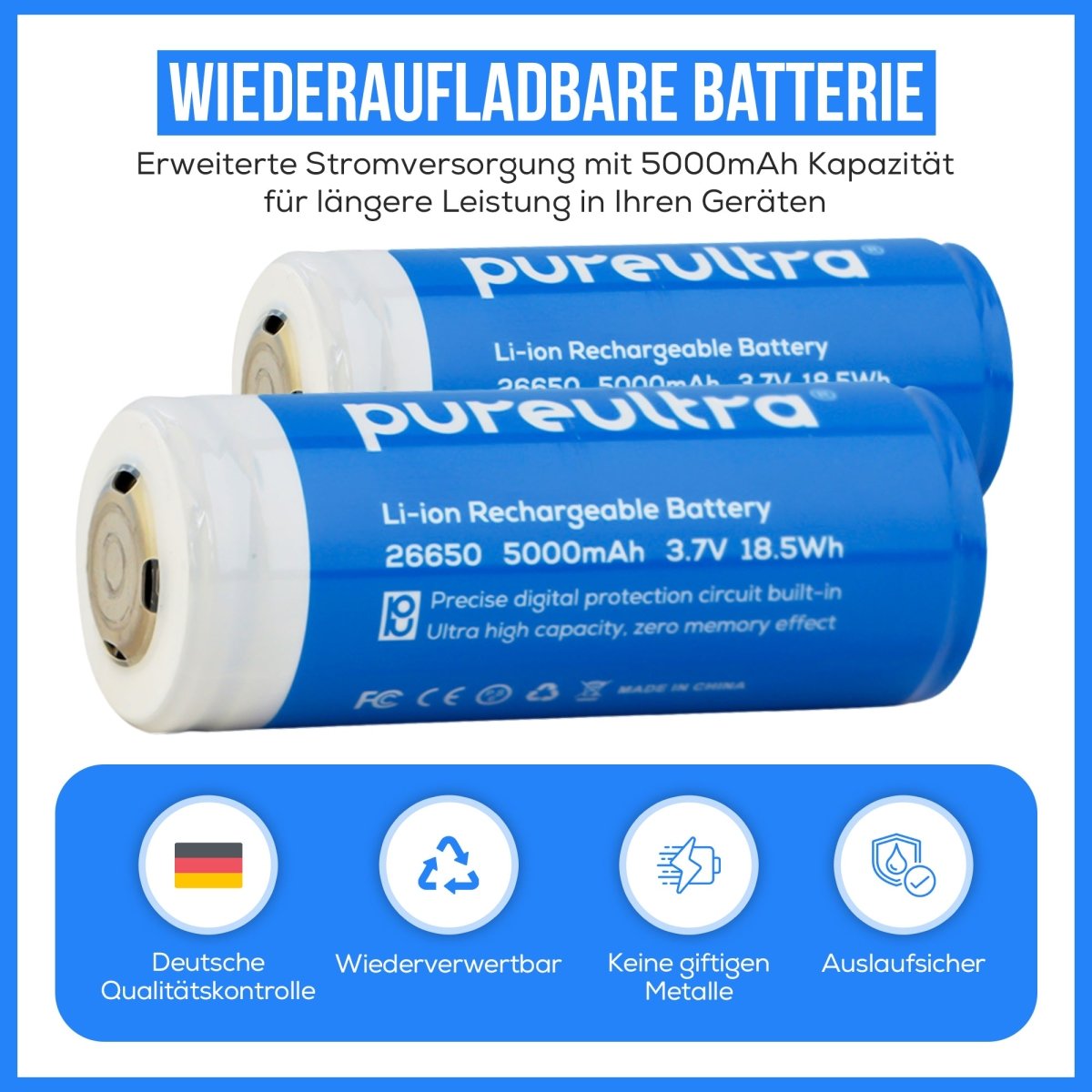 26650 Li-ion Akku – 5000mAh, 5A, 3.7V, geschützt - PureUltra