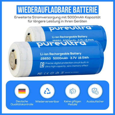 26650 Li-ion Akku – 5000mAh, 5A, 3.7V, geschützt - PureUltra
