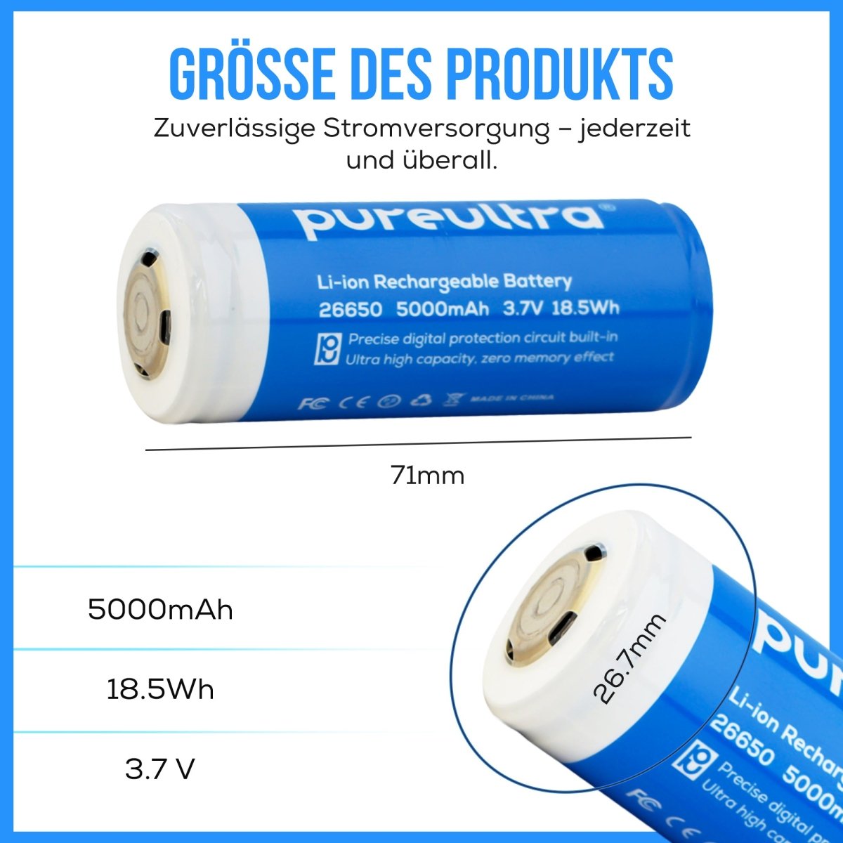 26650 Li-ion Akku – 5000mAh, 5A, 3.7V, geschützt - PureUltra