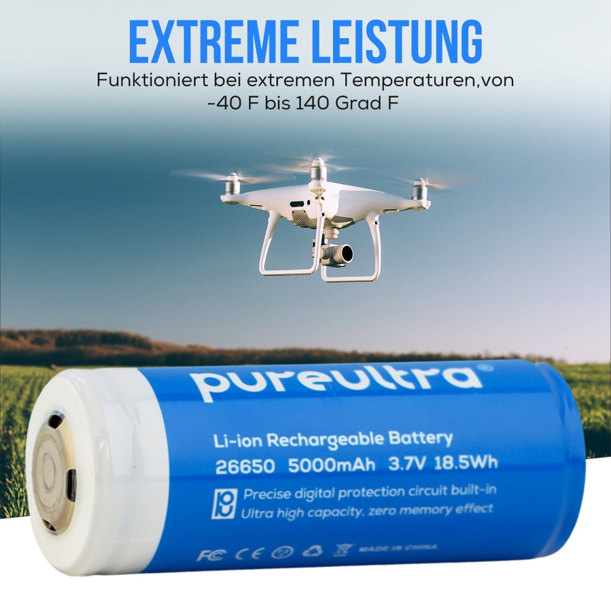 26650 Li-ion Akku – 5000mAh, 5A, 3.7V, geschützt - PureUltra