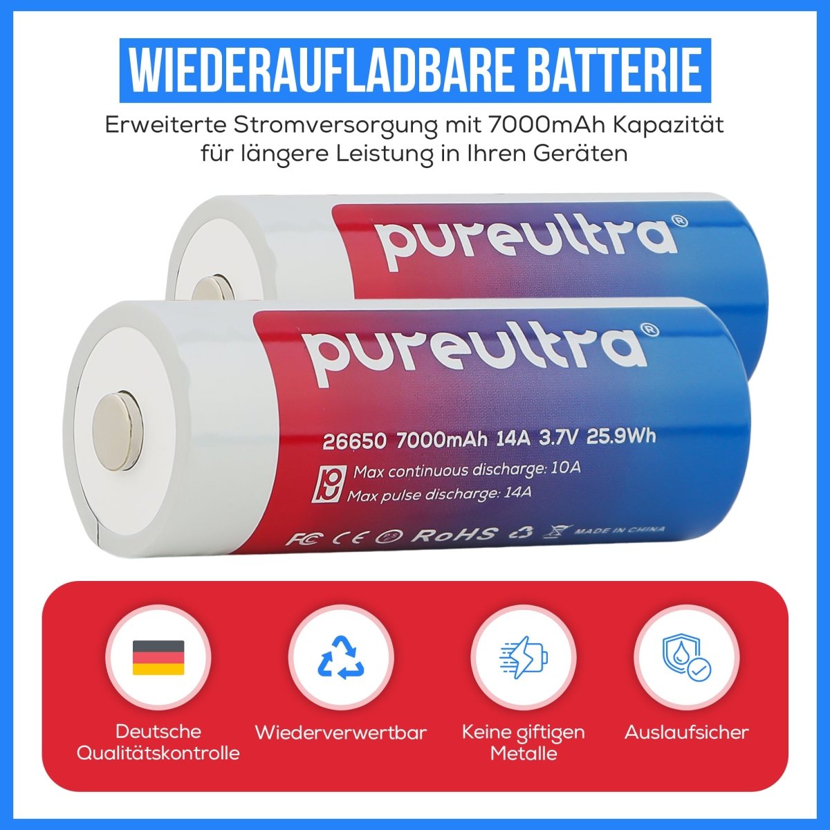 26650 Li-ion Akku – 7000mAh 14A 3.7V geschützt - PureUltra