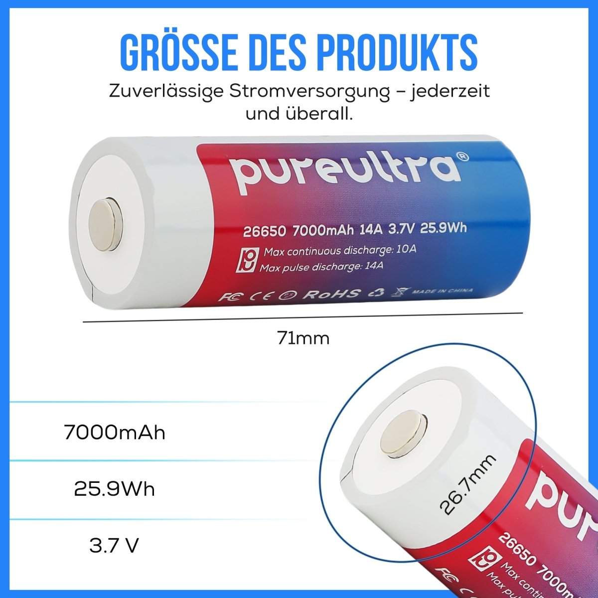 26650 Li-ion Akku – 7000mAh 14A 3.7V geschützt - PureUltra