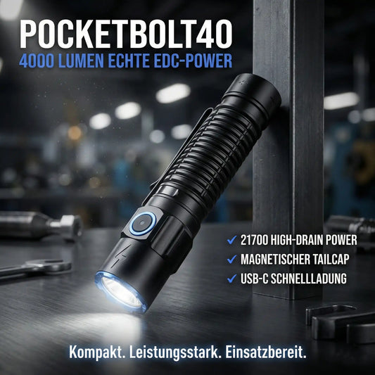 PcketBolt40 EDC LED Taschenlampe – 4.000 Lumen, 365m Reichweite, USB-C