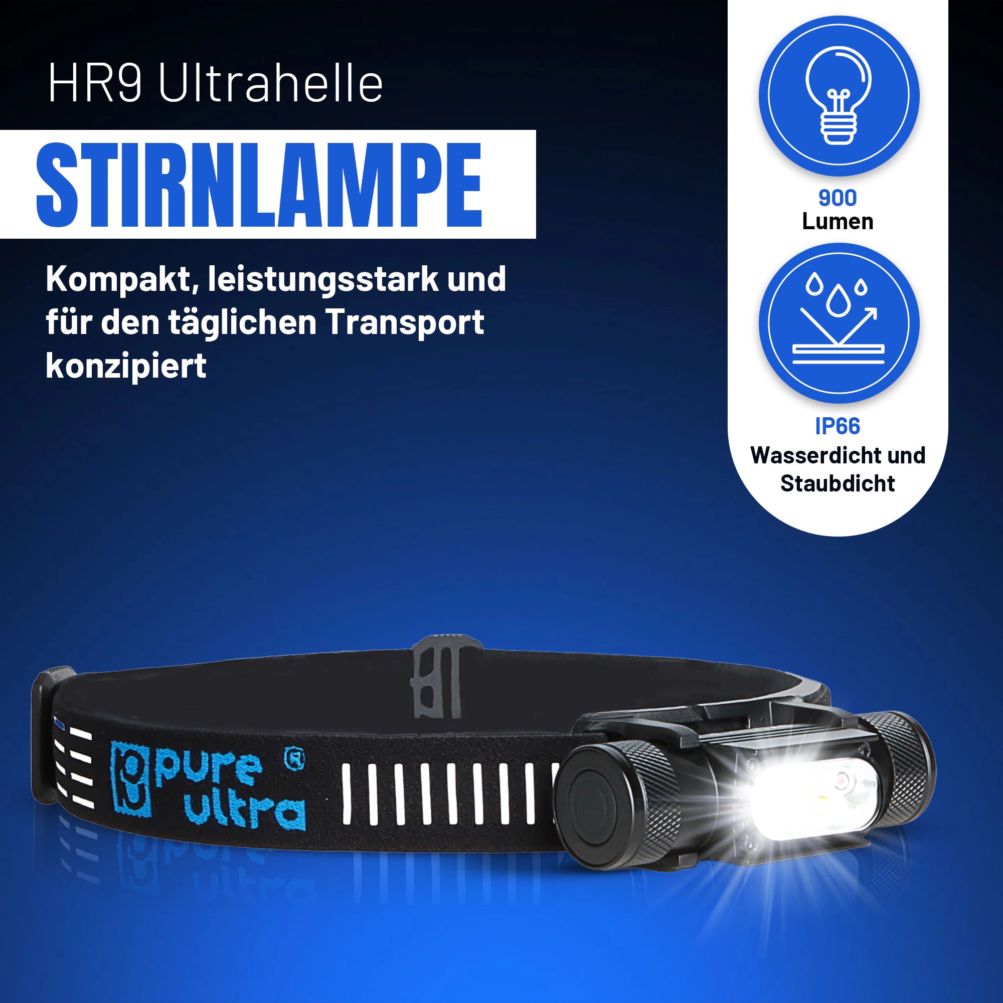 HR9 LED Stirnlampe – 900 Lumen, Rotlicht, IP66, USB-C, 300h Laufzeit