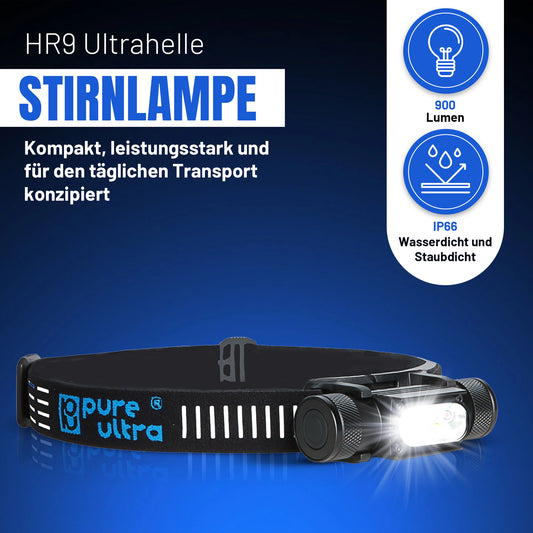 HR9 LED Stirnlampe – 900 Lumen, Rotlicht, IP66, USB-C, 300h Laufzeit