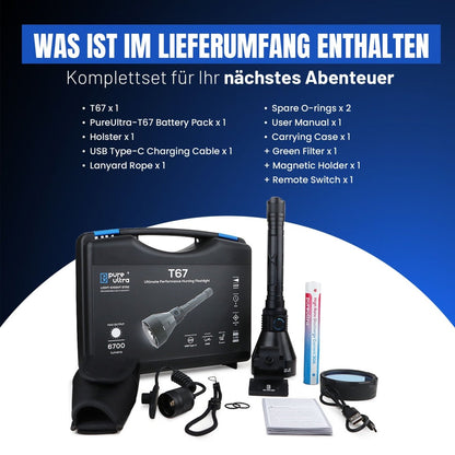 T67 LED Taschenlampe – Ultrahell, 6.700 Lumen, IP68, USB-C, 1.400 m Reichweite - PureUltra