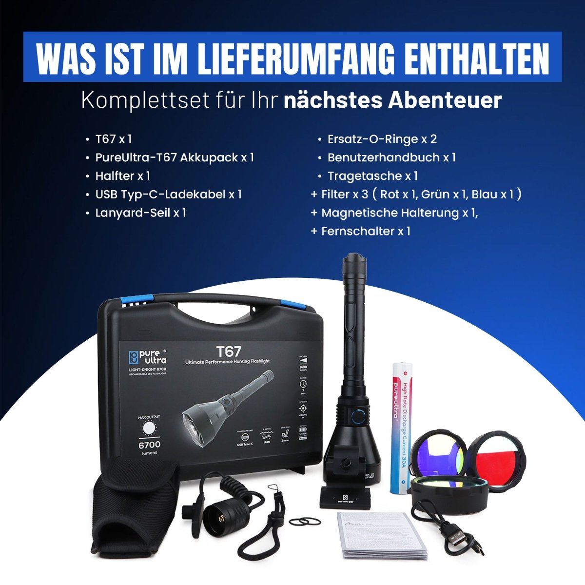 T67 LED Taschenlampe – Ultrahell, 6.700 Lumen, IP68, USB-C, 1.400 m Reichweite - PureUltra