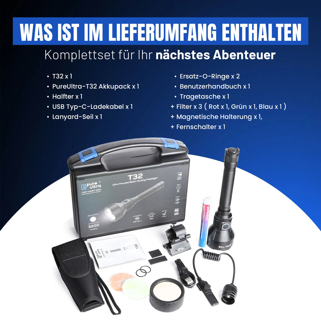 T32 Taschenlampe – 3.200 Lumen, 1.150 m Reichweite, USB-C - PureUltra