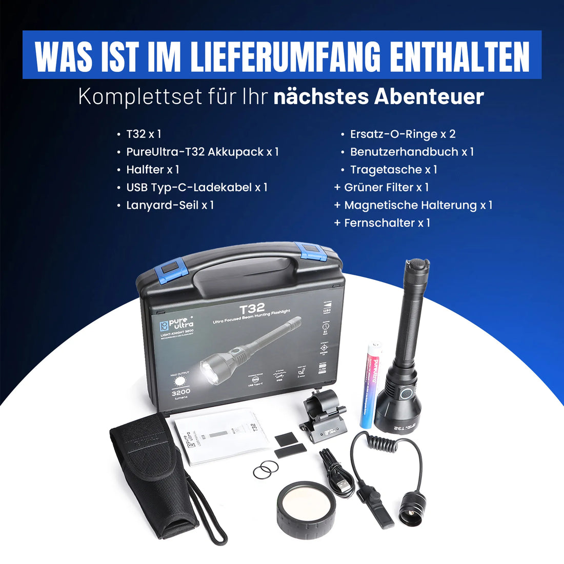 T32 Taschenlampe – 3.200 Lumen, 1.150 m Reichweite, USB-C - PureUltra