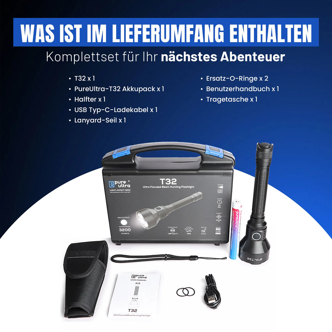 T32 Taschenlampe – 3.200 Lumen, 1.150 m Reichweite, USB-C - PureUltra
