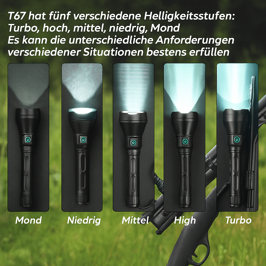 T67 LED Taschenlampe – Ultrahell, 6.700 Lumen, IP68, USB-C, 1.400 m Reichweite - PureUltra