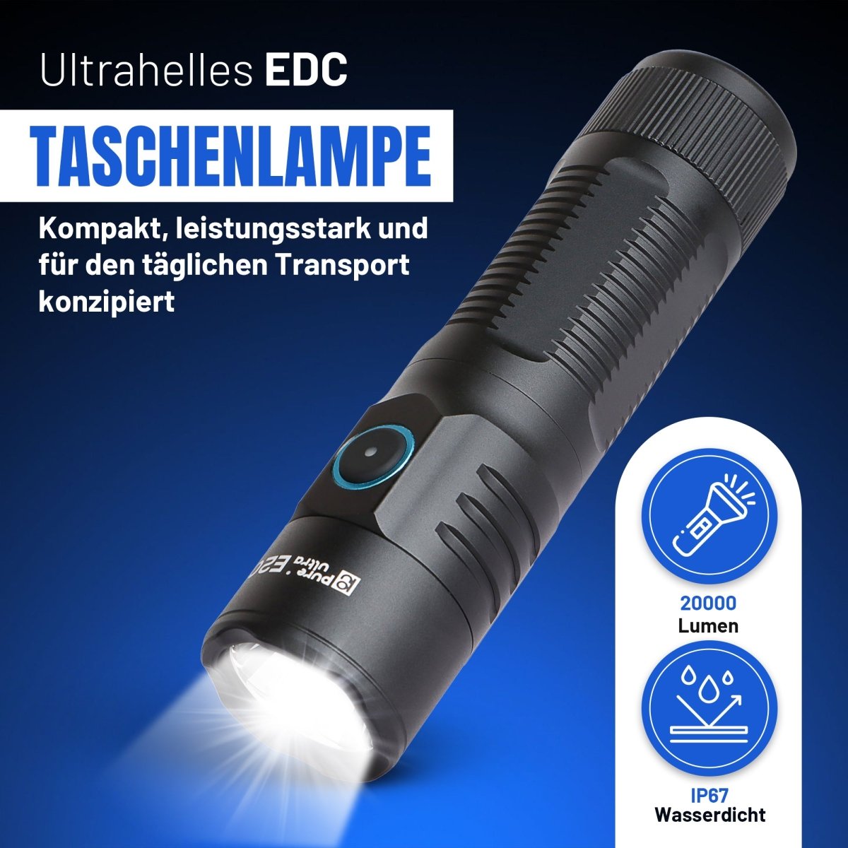E20 LED Taschenlampe – 2.000 Lumen, 300m Reichweite, USB-C - PureUltra