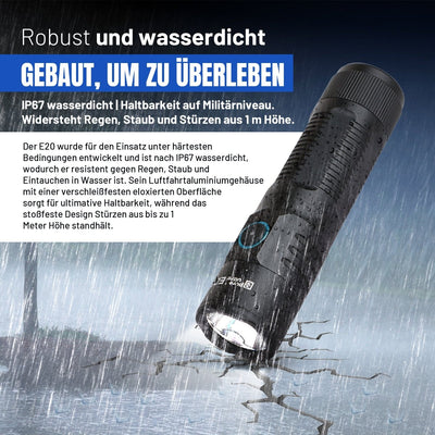 E20 LED Taschenlampe – 2.000 Lumen, 300m Reichweite, USB-C - PureUltra