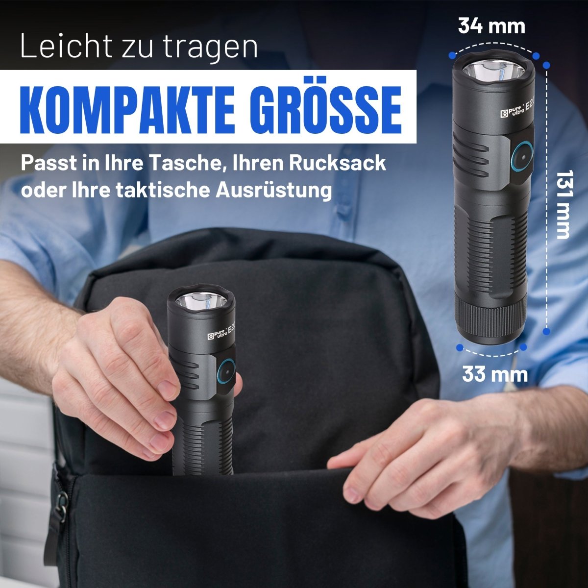 E20 LED Taschenlampe – 2.000 Lumen, 300m Reichweite, USB-C - PureUltra