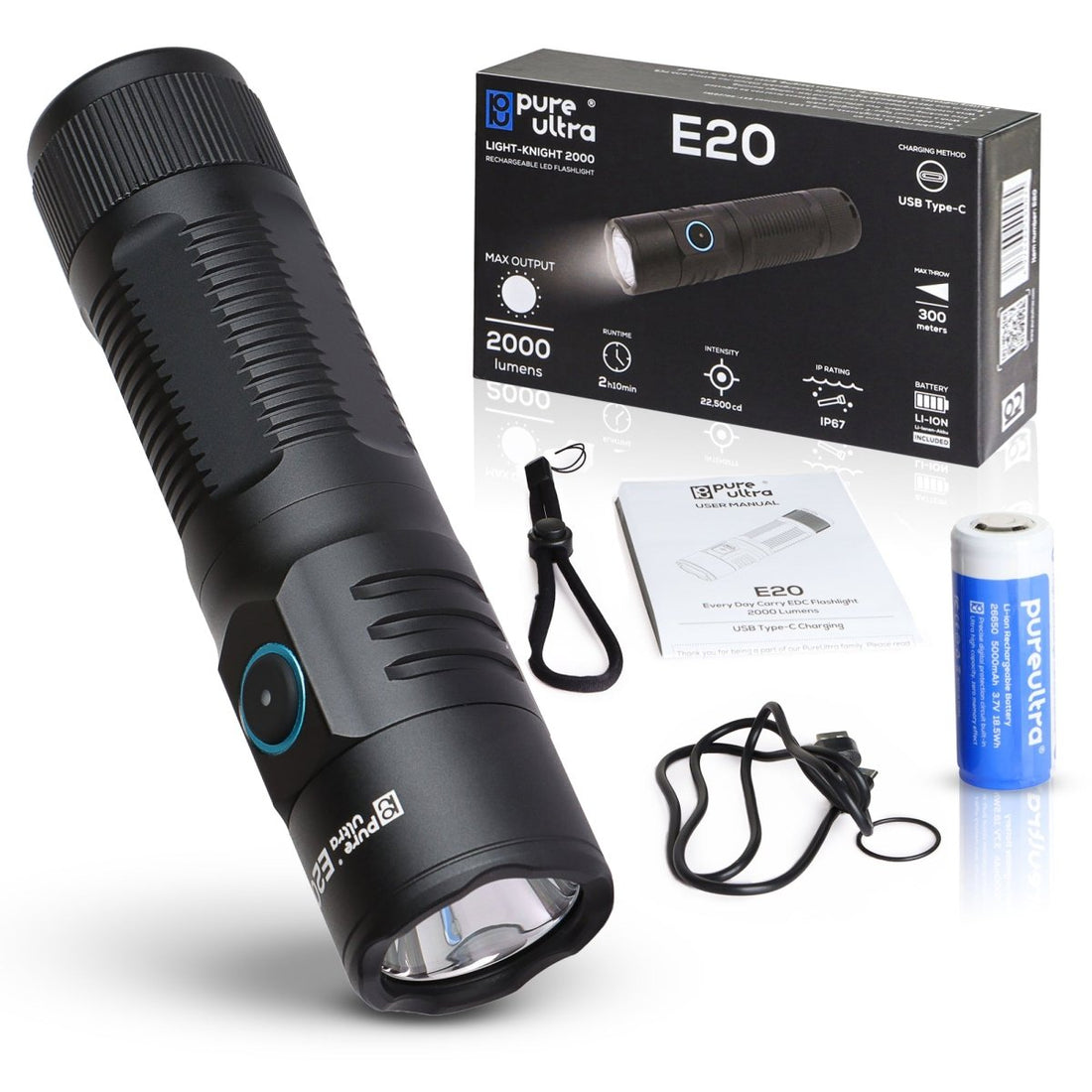 E20 LED Taschenlampe – 2.000 Lumen, 300m Reichweite, USB-C - PureUltra