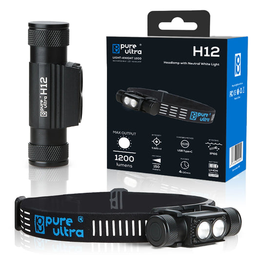 H12 Stirnlampe Wiederaufladbar 1200 Lumen, 150m Reichweite, USB-C - PureUltra
