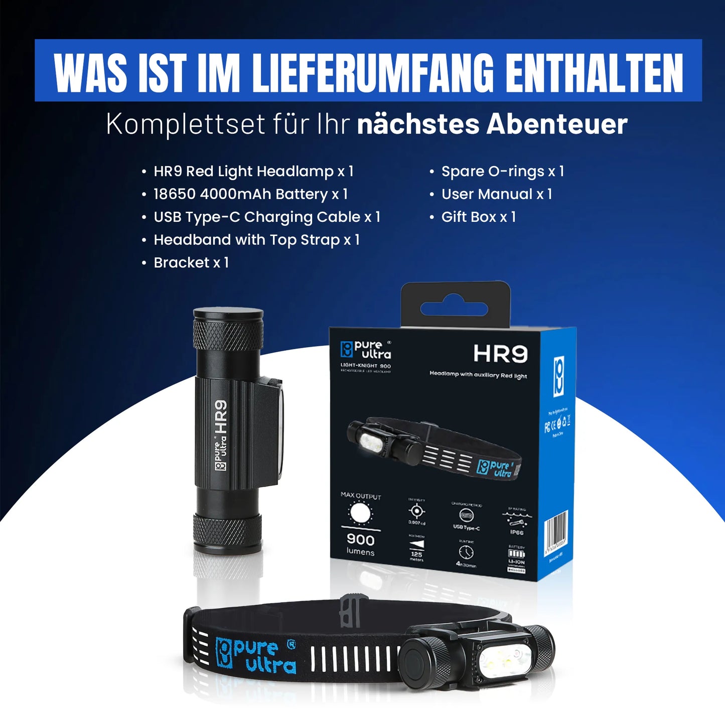 HR9 LED Stirnlampe – 900 Lumen, Rotlicht, IP66, USB-C, 300h Laufzeit - PureUltra