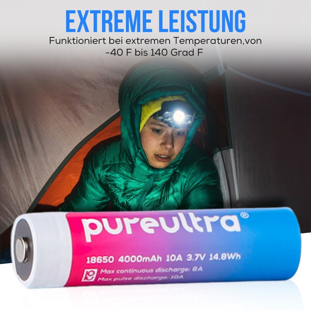 PureUltra 18650 Li-ion Akku – 10A, 4000mAh,3.7V, geschützt - PureUltra