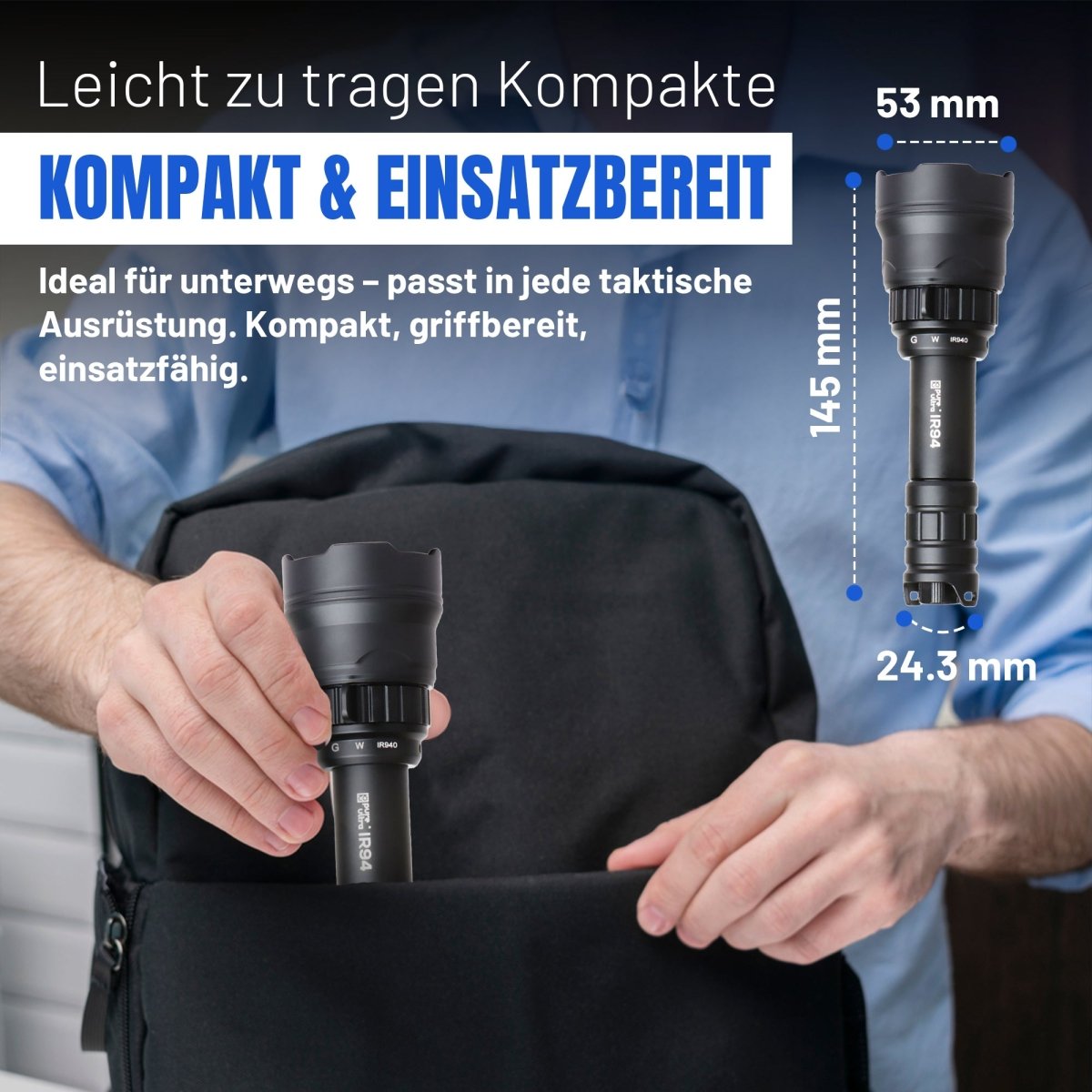 IR94 LED - Taschenlampe – 3 - in - 1 Licht (Weiß, Grün, IR940nm) mit Zoom & Dimmer - PureUltra
