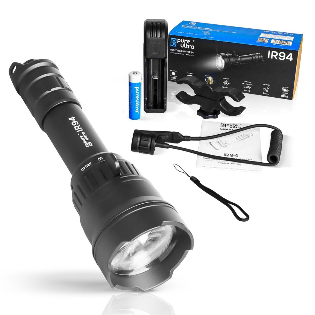 IR94 LED - Taschenlampe – 3 - in - 1 Licht (Weiß, Grün, IR940nm) mit Zoom & Dimmer - PureUltra