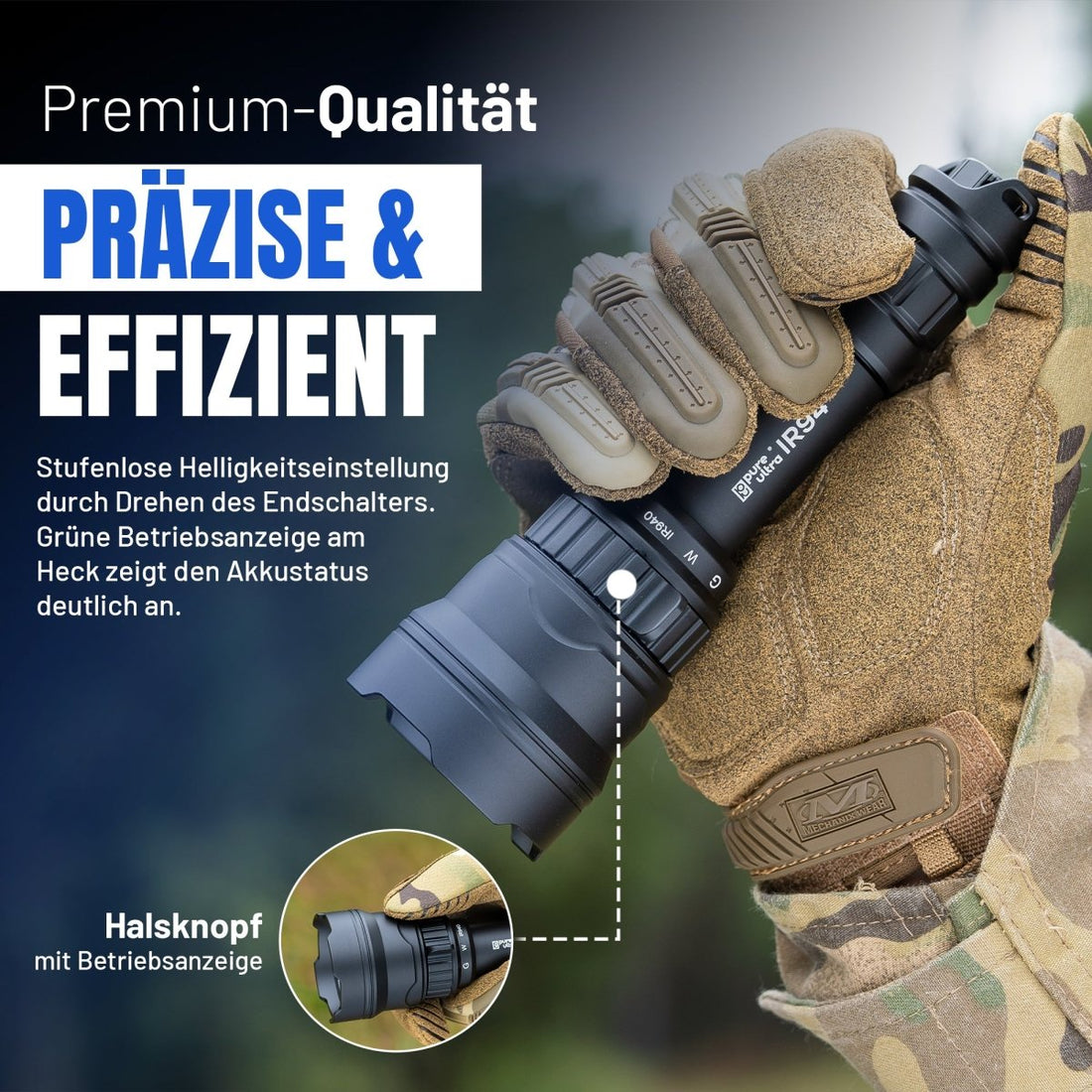 IR94 LED - Taschenlampe – 3 - in - 1 Licht (Weiß, Grün, IR940nm) mit Zoom & Dimmer - PureUltra