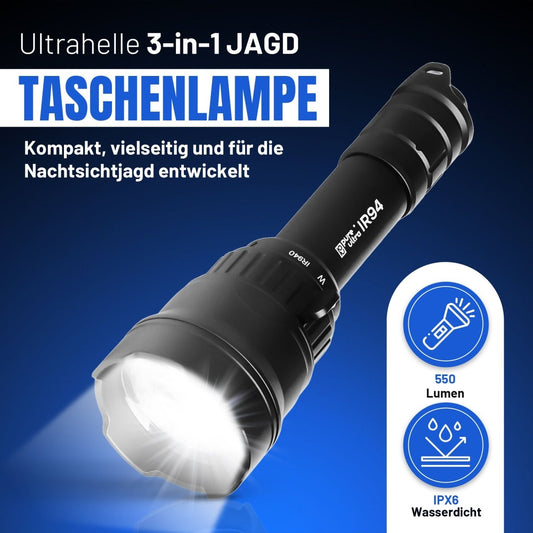 IR94 LED - Taschenlampe – 3 - in - 1 Licht (Weiß, Grün, IR940nm) mit Zoom & Dimmer - PureUltra