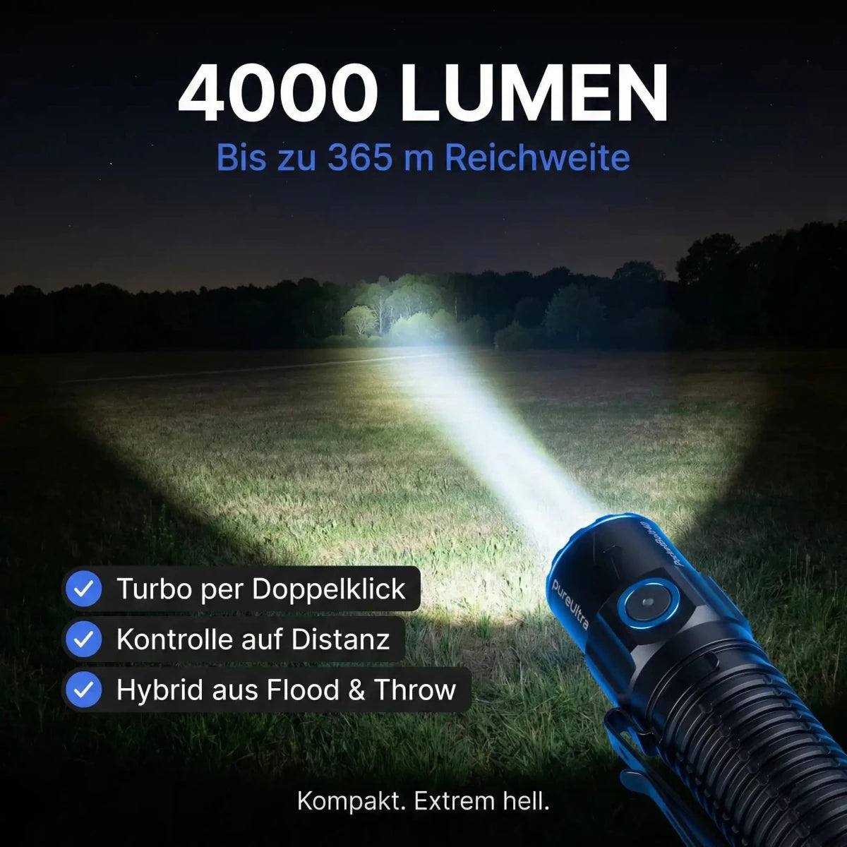 PcketBolt40 EDC LED Taschenlampe – 4.000 Lumen, 365m Reichweite, USB - C - PureUltra