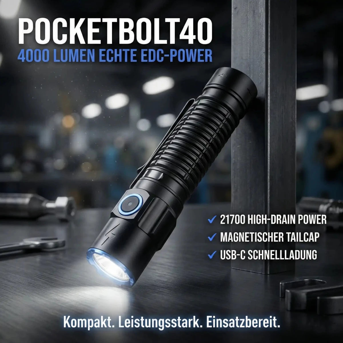 PcketBolt40 EDC LED Taschenlampe – 4.000 Lumen, 365m Reichweite, USB - C - PureUltra