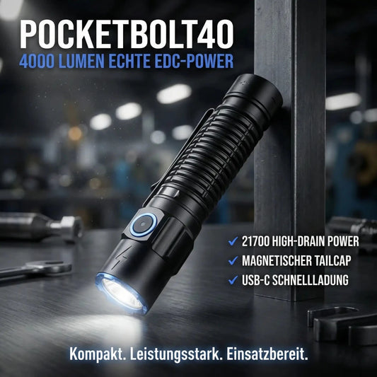 PcketBolt40 EDC LED Taschenlampe – 4.000 Lumen, 365m Reichweite, USB - C - PureUltra