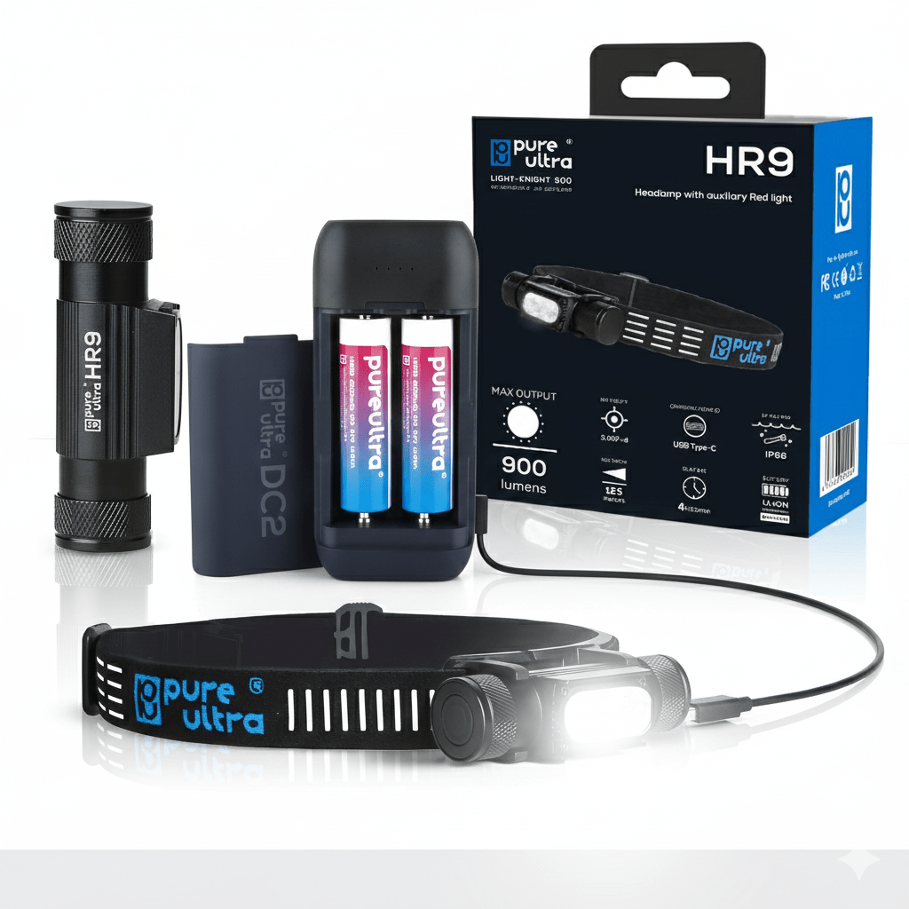 PureUltra HR9 + DC2 Bundle – Stirnlampe, Powerbank & Ersatzakku - PureUltra
