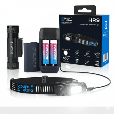PureUltra HR9 + DC2 Bundle – Stirnlampe, Powerbank & Ersatzakku - PureUltra