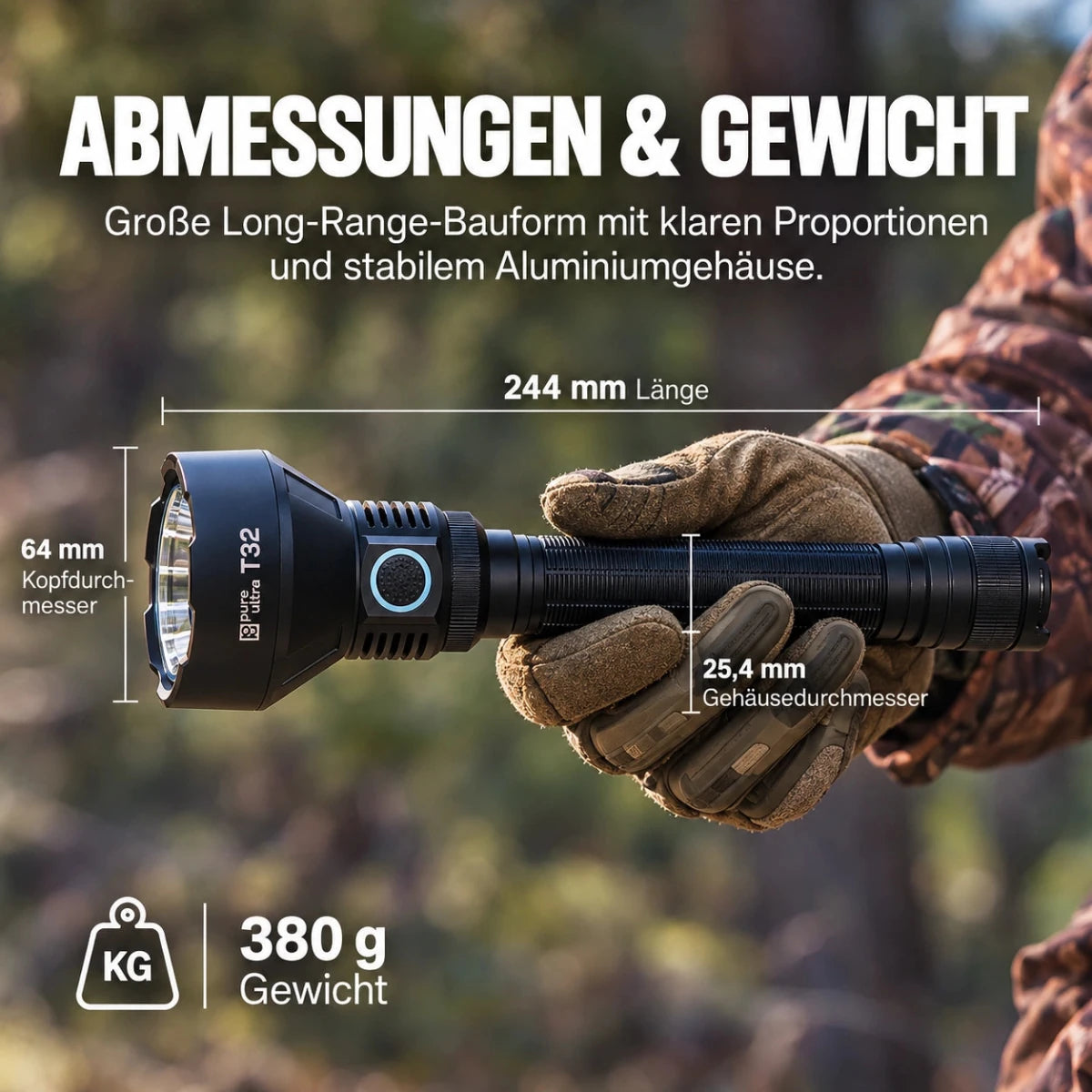 T32 Taschenlampe – 3.200 Lumen, 1.150 m Reichweite, USB-C - PureUltra