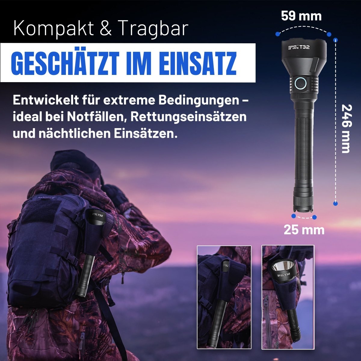 T32 Taschenlampe – 3.200 Lumen, 1.150 m Reichweite, USB - C - PureUltra