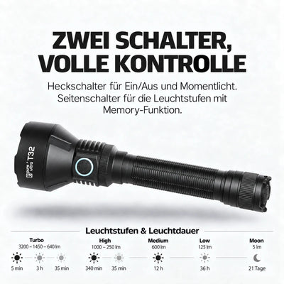 T32 Taschenlampe – 3.200 Lumen, 1.150 m Reichweite, USB-C - PureUltra