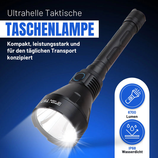 T67 LED Taschenlampe – Ultrahell, 6.700 Lumen, IP68, USB - C, 1.400 m Reichweite - PureUltra